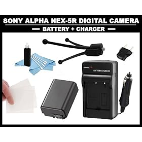 Digital Camera Accessory Pack for Sony Alpha NEX-5R (Sony NP-FW50 Replacement lithium-ion battery pack + Sony NP-FW50 Replacement Battery Charger + 6 Mini Tripod + Bonus Items)