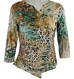 Boho Chic - Animal Maze, Long Sleeve, Split Neck Collar, Decorative Chrome Button Accents, Fashion Top