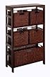 Winsome Wood Leo Wood 4 Tier Shelf with 5 Rattan Baskets - 1 large; 4 small in Espresso Finish