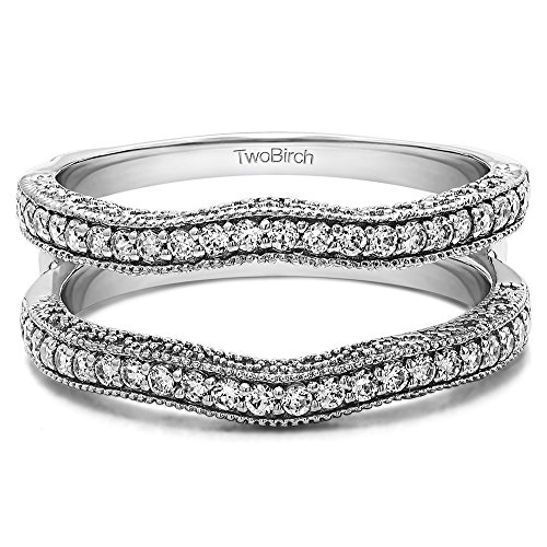 Sterling Silver Contour Ring Guard with Millgrained Edges and Filigree Cut Out Design with Cubic Zirconia (0.26 ct. tw.)