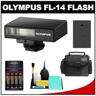 Olympus Pen FL-14 Electronic Flash for Micro Four Thirds (Black) with Batteries & Charger + Case + BLS-1/BLS-5 Battery + Cleaning & Accessory Kit for E-P1, E-P2, E-P3, E-PL1, E-PL2, E-PL3, E-PM1 Digital Cameras