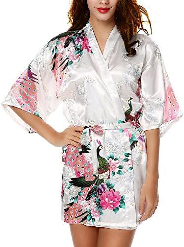 Miimo R001 Women's Kimono Robe Nightgown Short Style - Peacock &amp; Blossoms (L, White)