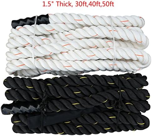 PERFORMANZ® 1.5" Thick Gym Battle Rope for Strength Training Exercise Polyester 30ft, 40ft, 50ft Length (black, 30ft)