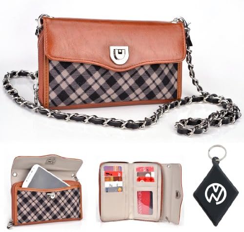Brown Tartan with Fused Bicast Leather Wristlet wallet phone cover + chain Fits LG Optimus Vu II + NuVur Keychain (SUNISTN1)