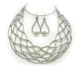 Silver Tone Mesh Woven Bib Necklace Earrings Set