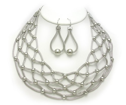 Silver Tone Mesh Woven Bib Necklace Earrings Set