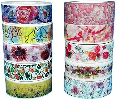 Poproo Floral Washi Tape Collection Set of 10, Flower Tree Leaf Patterns