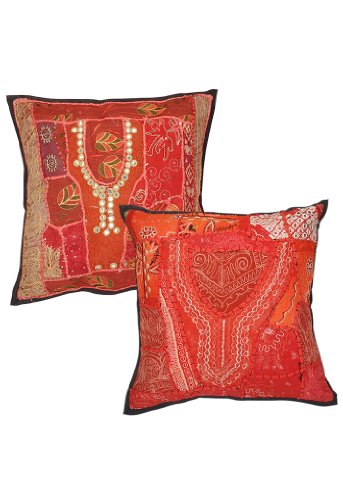 Imagen principal de Cubierta india tradicional hecha a mano de algodón Cojín conjunto con Bordados Espejo Patch Work & Size 16 x 16 pulgadas Juego de 2 piezas
