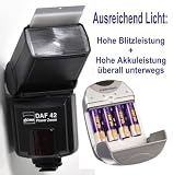Leistungstarkes Blitzgerät für System Olympus mit Leitzahl 42, inkl. Hochleistungsakkus und Ladegerät, auch für 12 Volt, passend für E-30/E-520/E-510/E-3/E-410/E-420/