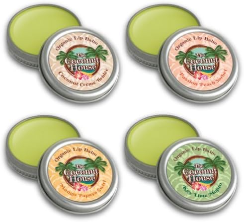 The Coconut House - Organic Premium Lip Balm (Sampler Set (all 4 flavors)) 1.0 oz each All natural, chemical and paraben free, contains extra virgin coconut oil & organic hempseed oil, no artificial ingredients, no sweeteners, no petroleums, free shipping at checkout