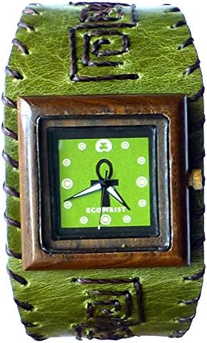 Ecowrist Unisex Watch from Puy Wood and Green Wide Leather Strap