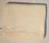 Knitted on Hand Knitting Machine Trimmed By Hand Crochet with White Chenille Baby Pink Infant Girls Blanket
