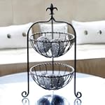 Fleur-de-Lis Finial Two Tier Basket in Black with Brushed Copper
