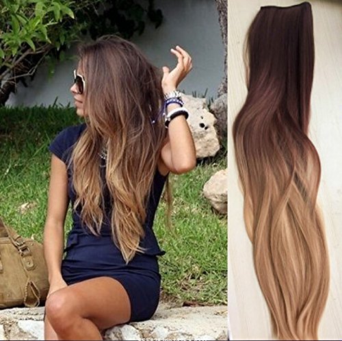 One Piece Clip in Hair Extensions Ombre Dip dye Dark brown to sandy blonde (straight)
