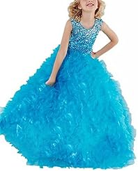 Girls Organza High-Neck Floor Length Lace    Ball Gown Flower-Girl Dress/Pageant Dress  With Rhinestones