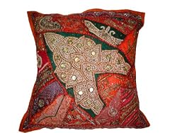 Coquelicot Indian Accent Vintage India Sari Patchwork Beaded Floor Pillow cover 24"