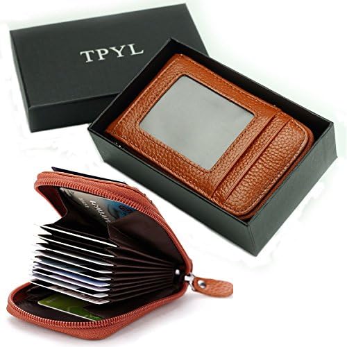 TPYL Luxurious Genuine Leather Mini Credit Cards Holders Quality Zipper Wallets Case with ID Window (Khaki)
