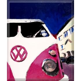 VW Camper Volkswagen Canvas Art Print Blue Red Pink Framed Picture from Painting, 51 x 62cm