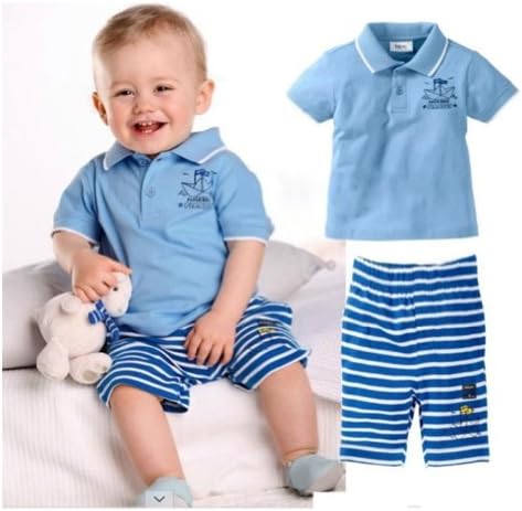 Baby Kids Boy Paper Boat Pirates Polo Tee Shirt and Striped Pant 2-pc Set (80/6-12M)