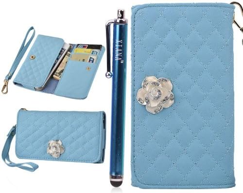 Kingsource (TM) Elegant Lady Handbag Style Wallet Leather Case with Credit Card Slots Suitable For Apple iphone 5 5g 5s Crystal Flower Bling and Hand Strap Luxury Fashion Handbag Metal Chain Style PU Leather Wallet Case for Apple iphone 5 5g 5s with 1 Screen Protector, 1 Stylus and 1 Microfiber Sticker Digital Cleaner (iPhone 5 5s sky blue)