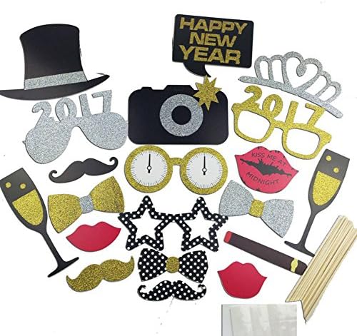 Termath 32PCS 2017 New Years Eve Party Photo Booth Props DIY Kit Photobooth Prop Card Masks Mustache Hat Red Lips Glasses Decoration (21)