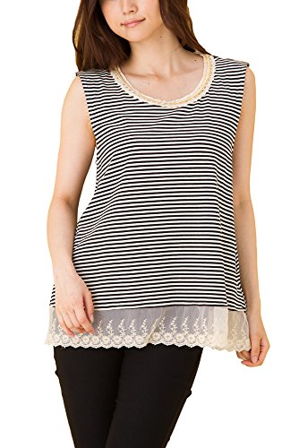 (Goldjapan)ゴールドジャパン 大きいサイズ レディース フリル付き ボーダー キャミソール タンクトップ チュニック ブラウス シフォン 半袖 Ａライン 体型カバー フォーマル カジュアル エレガント きれいめ rlt-011
