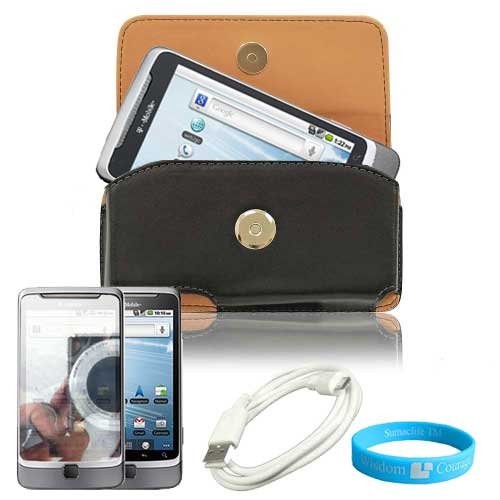 Horizontal Magnetic Leather Carrying Case with Snap Magnetic Closure for T-Mobile G2 HTC Google Phone ( BLACK ) + Data USB Cable + Mirror Screen Protector + Wisdom * Courage Wristband