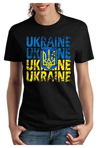 OM3 – UKRAINE – Damen T-Shirt tailliert – UKRAJINA EM 2016 FRANKREICH FRANCE FUSSBALL FANSHIRT SOCCER SPORT TRIKOT EUROPAMEISTER, L, schwarz