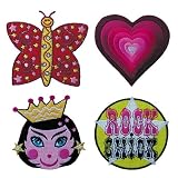 Pack of four girls embroidered iron-on patches. Includes a butterfly, fairy princess, pink heart and rock chick patch