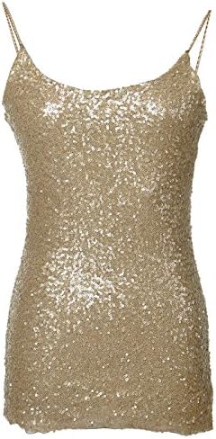Anna-KaciWomens Spaghetti Strap Sequin Metal Chain Shiny Party Club Camisole Tank Top