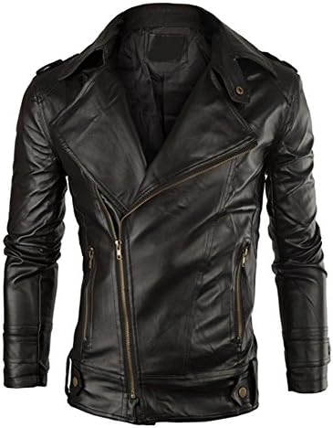 Prettygood Men's Lapel Collar PU Leather Slim Fit Zipper Motorcycle Jacket Black S