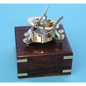 Small Brass Sundial Compass with Hardwood Case