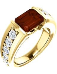 10K Yellow Gold 9.00x7.00mm Emerald Cut Mozambique Garnet and Diamond Ring -- LIFETIME WARRANTY