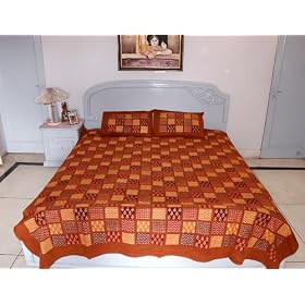 Boho Designerl Indian Gold Print Kingsize Bedspread/Tapestry with Pillow Covers