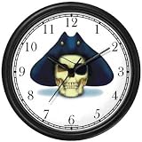 Skull with Eye Patch and Three Corner Hat - Pirate Theme - JP Wall Clock by WatchBuddy Timepieces (Black Frame)