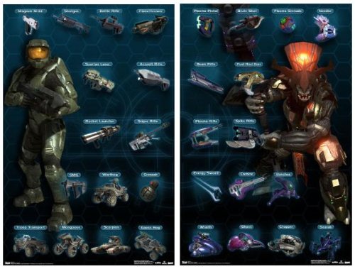 Halo 3 Poster Set ~ Weaponry Charts for the Invading Covanent AND the Defending Humanity ~ Each is 22x34
