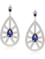 Deco Sterling Silver Pear and Round Created Ceylon Sapphire Round Created White Sapphire Earrings