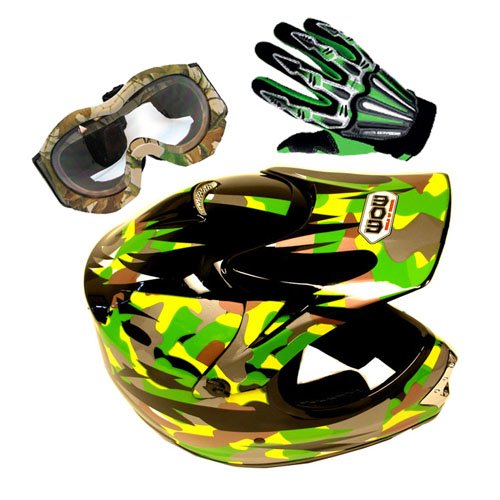 Motocross MX BMX Youth Green Camouflage Helmet + Goggle + Skeleton Glove On Sale