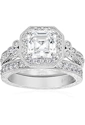 Platinum or Gold Plated Sterling Silver Asscher-Cut Swarovski Zirconia Antique Ring Set (4.5 cttw)