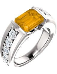 14K White Gold 9.00x7.00mm Emerald Cut Citrine and Diamond Ring -- LIFETIME WARRANTY