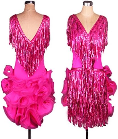 FERE8890 Women's Dancewear Competition Dancing Latin Practice Sexy Party Backless V-neck Fringed Sequin Dress Rose Red L