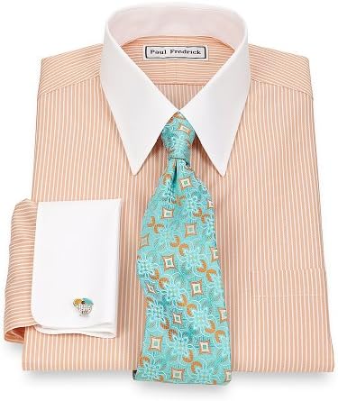 Paul Fredrick Men's Non-Iron Straight Collar French Cuff Trim Fit Dress Shirt Melon 16.0/33