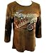 Katina Marie - Mona Lisa Casual Passion Trail 3/4 Sleeve, Rhinestone Studded, Pre-Washed, Printed Scoop Neck Cotton Top - Brown