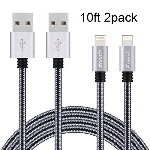 Xcords(TM) 2Pack 10Ft Nylon Braided iPhone 8 Pin Lightning Cable Syncing Cord for iPhone 7/ 7 Plus/ 6/ 6 Plus/ 6s / 6s Plus /5/ iPad Pro/iPad/iPod(Black)