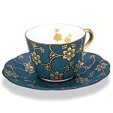 九谷焼コーヒーカップ&ソーサー 「本金青粒唐草文」作家 仲田錦玉　陶器和食器ギフト