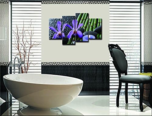 SmartWallArt@ -4 Piece Wall Art Painting Two Purple Flowers And Some Spa Stones On The Bamboos Picture On Canvas Stretched By Wooden frames-For Home Modern Living Room Decor Hang Up Fairly Easily