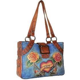 Anuschka Large Double Compartment Tote - Rose Denim Tattoo Rose Denim Leather Handbags