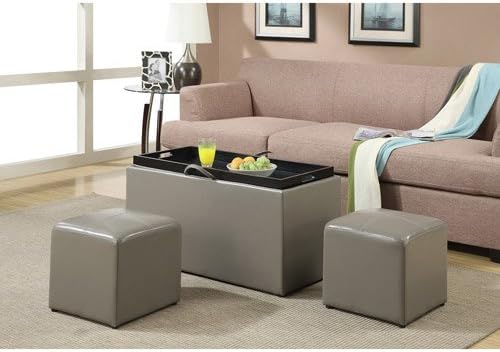 Designs4comfort Faux Leather Storage Bench with 2 Side Ottomans - Gray - Home Furniture - Lounge, Living or Bedroom - Benches - Built-in Hardwood Serving Tray with Cut-out Handles - Fire-retardant Foam Padding