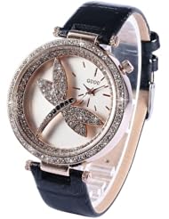Lady Dragonfly Crystal Black Leather Women Casual Party Ball Analog Quartz Watch WK1099
