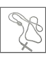Sterling Silver CZ Rosary Chain Necklace With Cross